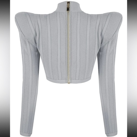 Cropped top with Shoulder Pads Back Zipper Long Sleeve Knitted - Picture 5 of 7